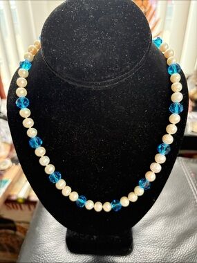Silver Plated Freshwater Pearls  and Blue Crystal Swarovski Necklace